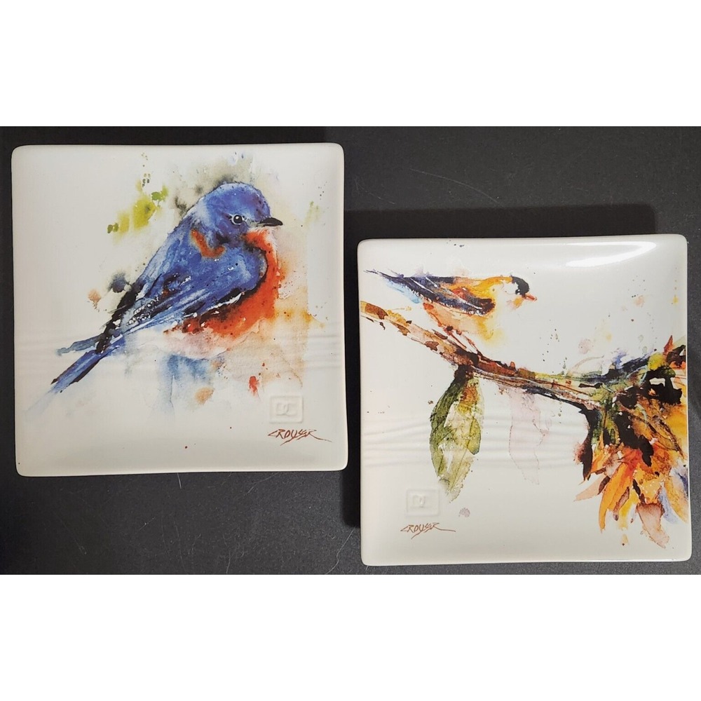 Dean Crouser Set of 2 Snack Plates 7 x 7" Bluebird & Bird and Sunflower-Big Sky